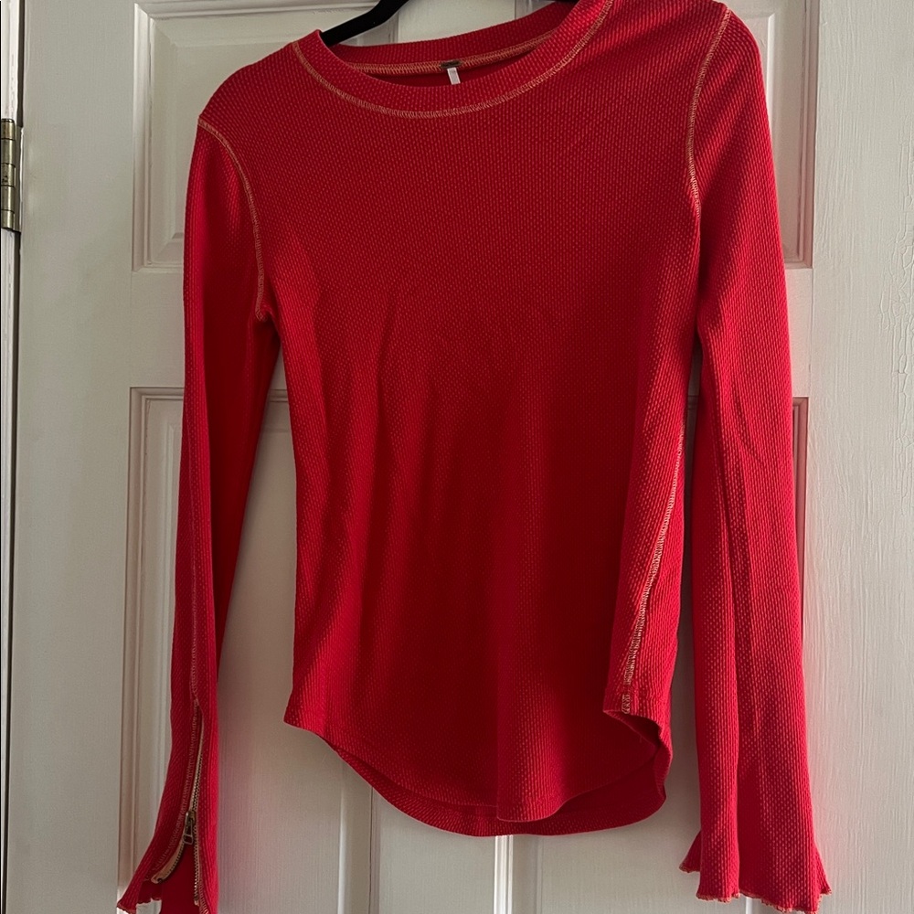 Free People Vibrant Red waffle Long Sleeve Top